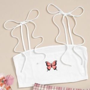 Butterfly Print Tie Shoulder Çami Top